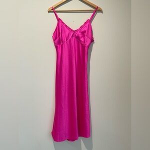 Japna Hot Pink‎ Spaghetti Strap Satin Midi Slip Dress with Side Slit Sz M